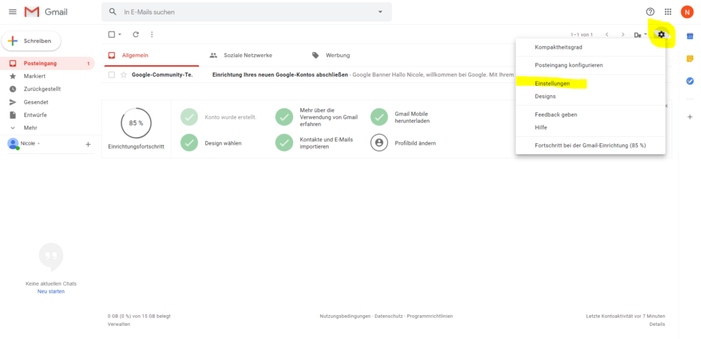Die Einstellungen von Gmail sind über das Zahnrad zu erreichen.