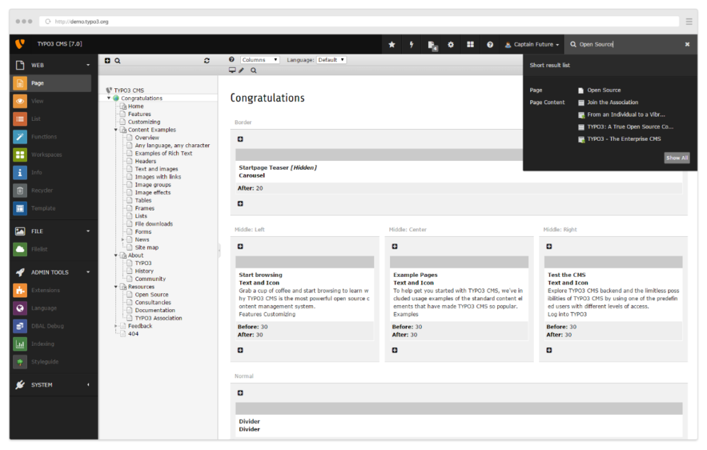 Node-basierter Baum. Hässliches Backend. Augenpulver. das ist Typo3.